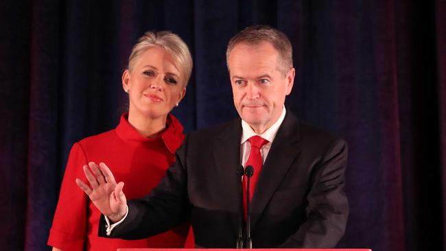 Labor leader Bill Shorten, flanked by his wife Chloe Shorten, concedes defeat following the results of the 2019 federal election. Picture: Getty