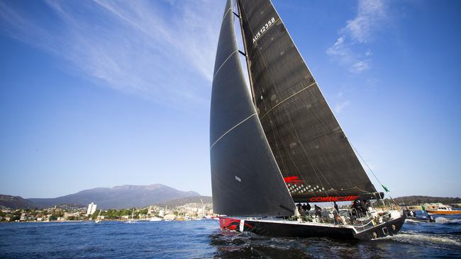 Comanche arrives in Hobart during the 2019 race. Picture: Richard Jupe