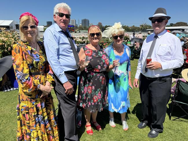 Judith Brown, Kevin Foster, Valerie Foster, Dawn Marmin and Ken Marmin at the Melbourne Cup at Flemington Racecourse on November 5, 2024. Picture: Phillippa Butt