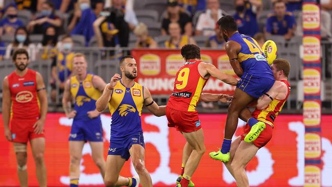 The collision between Rioli and Matt Rowell of the Suns which landed the Eagle’s star in hot water. Picture: Getty Images.