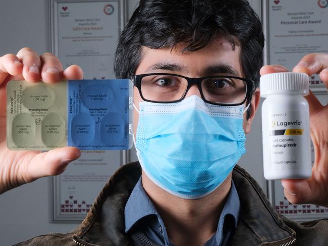 Their are new antiviral drugs available for Covid19 patients in Geelong .Pictured with the drugs ( left) PAXLOVID (both nirmatrelvir and ritonavir tablets) and Lagrevio molnupirivar    is Dr.  Arvind Yerramilli Picture: Mark Wilson