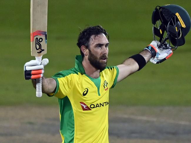 Australia's Glenn Maxwell celebrates scoring a century during the one-day international (ODI) cricket match between England and Australia at Old Trafford in Manchester on September 16, 2020. (Photo by Shaun Botterill / POOL / AFP) / RESTRICTED TO EDITORIAL USE. NO ASSOCIATION WITH DIRECT COMPETITOR OF SPONSOR, PARTNER, OR SUPPLIER OF THE ECB