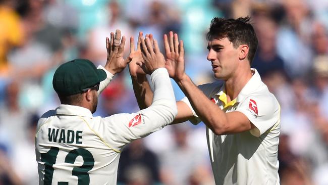 Pat Cummins, right, celebrates a wicket with Tasmanian Matthew Wade. Picture: GLYN KIRK/AFP