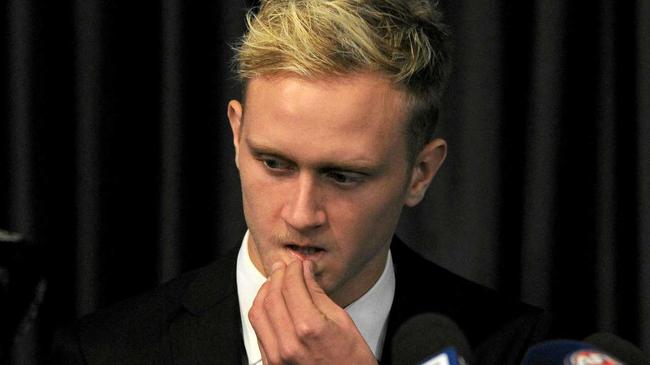 Collingwoods Jaidyn Stephenson  faces the media after being suspended for betting on AFL matches. Picture: Andrew Henshaw