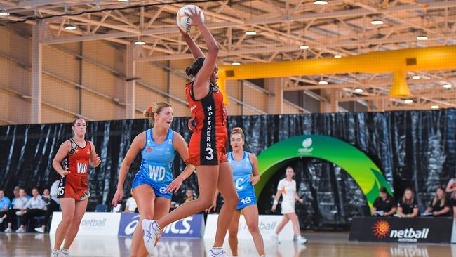 The NT’s Kiera Heffernan takes a grab against NSW in the 2023 National Netball Championships. Picture: Pema Tamang Pakhrin