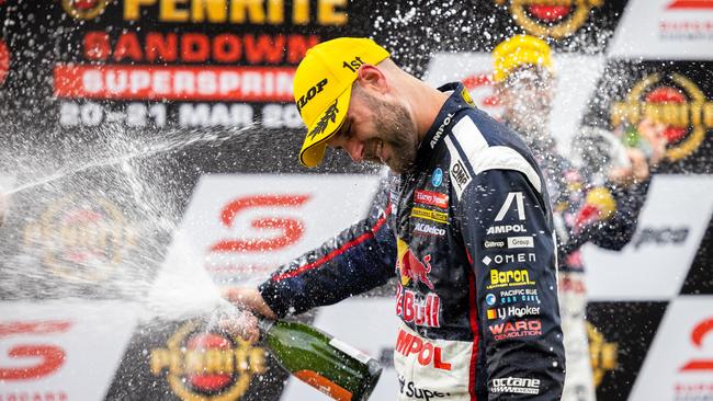 Shane van Gisbergen celebrating his race 1 win at Sandown. Picture: Daniel Kalisz/Getty Images