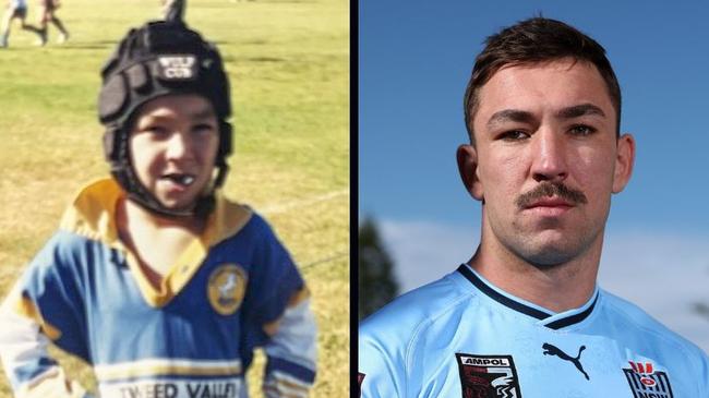 Reece Robson as a junior for the Murwillumbah Colts (left) and after being selected in the NSW State of Origin squad for game two (right), 2023.