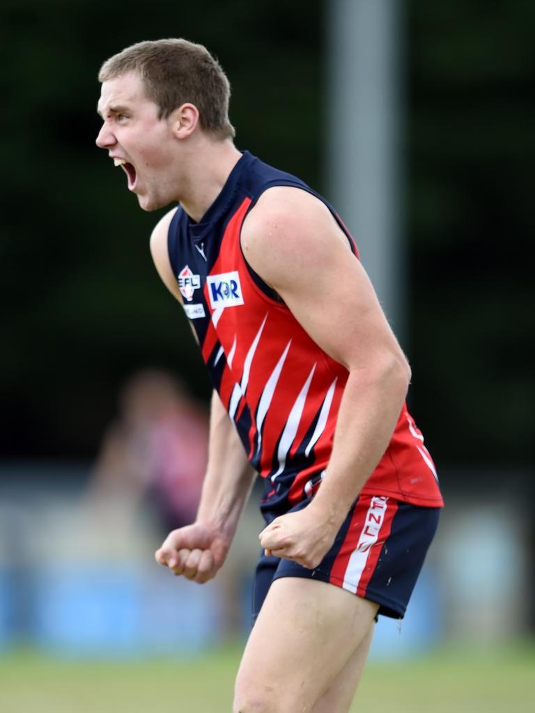 Eastern: Waverley Blues forward Matt Perry is ecstatic with his goal. Picture: Steve Tanner