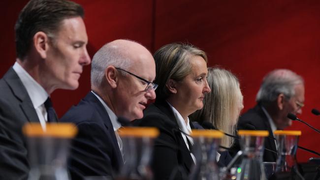 Qantas chair Richard Goyder and CEO Vanessa Hudson during the airline’s heated annual shareholder meeting in Melbourne. Picture: Luis Ascui/NCA NewsWire