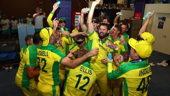 That winning feeling, the team celebrates the victory in the change rooms. Picture: Steele-ICC/ICC via Getty Images
