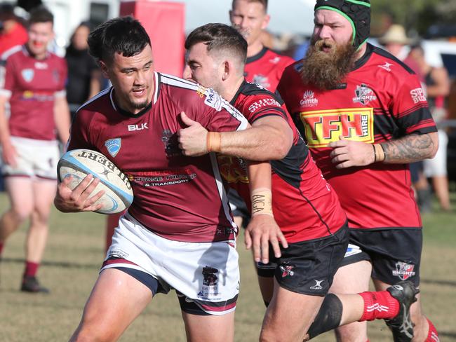 GCDRU Preliminary Final between the Nerang Bulls and the Griffith Uni Colleges Knights. Bulls player Logan Watene and Knights Player Jason Beeton Picture: Mike Batterham