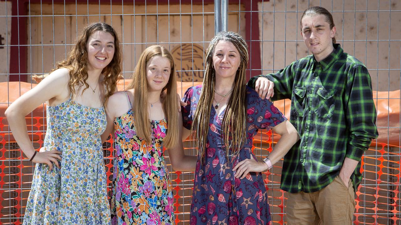 Mannum Business owner Trudy Fisher and children Alexis, Madi, and Lachlan in front of her closed Antique Store Mannum Old Wares on the main street. Picture: Emma Brasier.