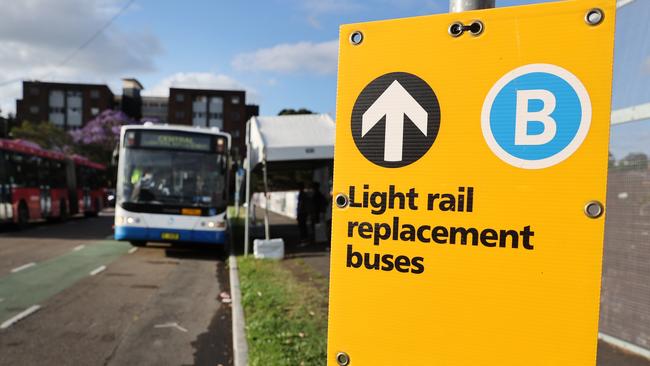 Pictured is the replacement light rail stop at Lilyfield in Sydneys inner west where buses have replaced trams due to cracks that have been identified in the carriages. Picture: Richard Dobson