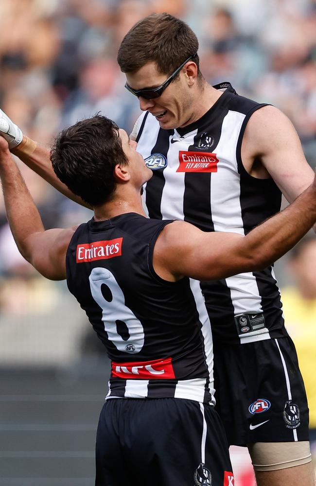 Forwards Lachie Schultz (left) and Mason Cox will return to beef up Collingwood’s forward line against Richmond on Sunday. Picture: Dylan Burns / Getty Images