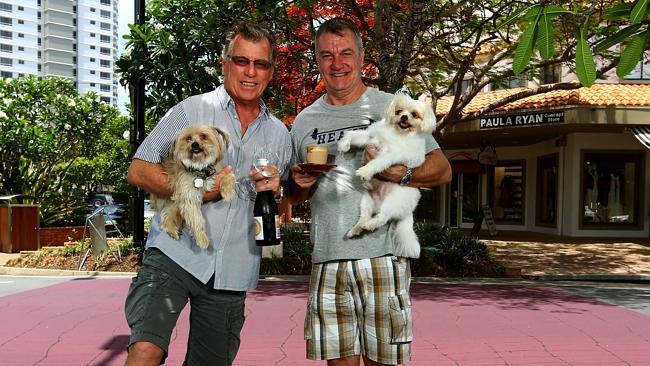 Main Beach-based veterans of Gold Coast radio, Richard Fowler (left) and AJ, are teaming up for a one week wonder breakfast show called the "Tedder Boys, latte, chardonnay and white fluffy dogs brekkie show" Photo: David Clark