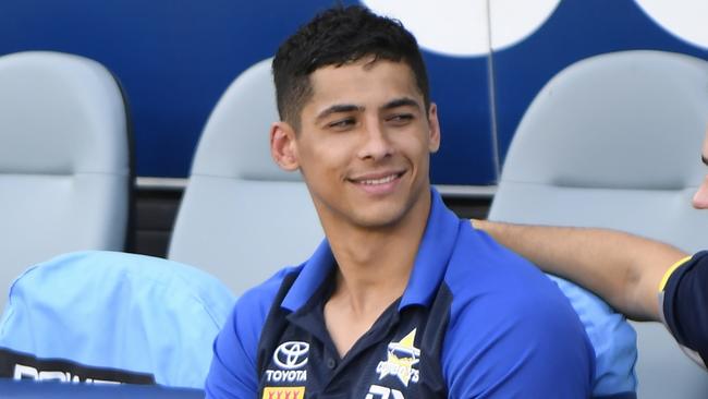 TOWNSVILLE, AUSTRALIA - MARCH 16: Heilum Luki of the Cowboys looks on from the bench after being injured during the round two NRL match between North Queensland Cowboys and Newcastle Knights at Qld Country Bank Stadium, on March 16, 2024, in Townsville, Australia. Picture: Scott Davis / NRL Imagery