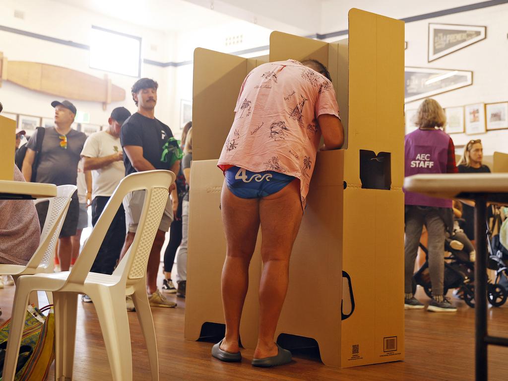 Budgy Smugglers on parade at a polling booth at Bondi Beach in NSW. Picture: Sam Ruttyn