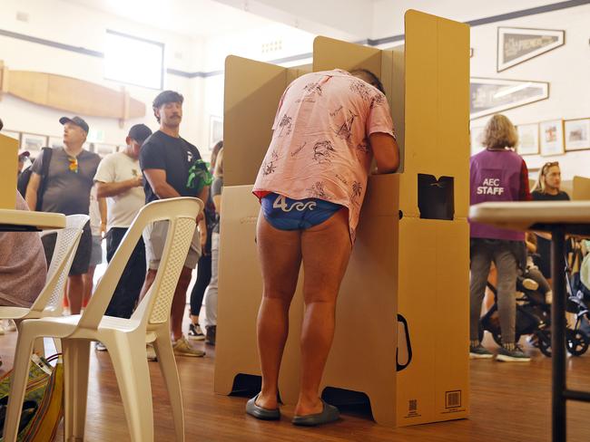 Budgy Smugglers on parade at a polling booth at Bondi Beach in NSW. Picture: Sam Ruttyn