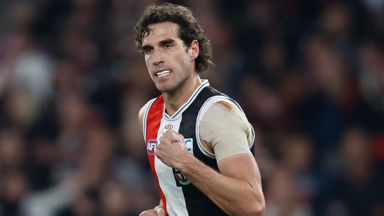 MELBOURNE, AUSTRALIA - MAY 04: Max King of the Saints celebrates a goal during the 2024 AFL Round 08 match between the St Kilda Saints and the North Melbourne Kangaroos at Marvel Stadium on May 04, 2024 in Melbourne, Australia. (Photo by Michael Willson/AFL Photos via Getty Images)