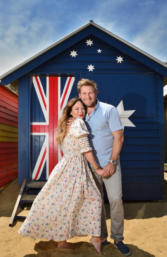 Chef Curtis Stone and wife Lindsay Price on Brighton beach. Picture: Nicki Connolly