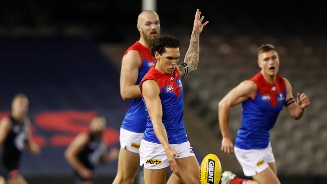 MELBOURNE, AUSTRALIA – JUNE 13: Harley Bennell of the Demons in action during the 2020 AFL Round 02 match between the Carlton Blues and the Melbourne Demons at Marvel Stadium on June 13, 2020 in Melbourne, Australia. (Photo by Michael Willson/AFL Photos via Getty Images)