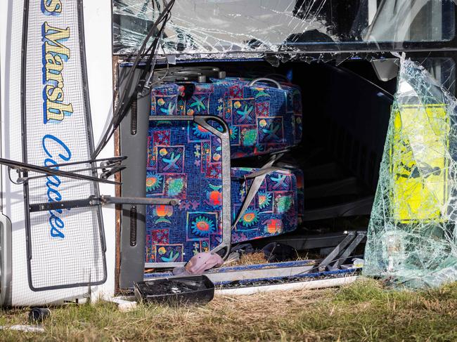 The mangled wreckage of the bus after the crash. Picture: Jake Nowakowski