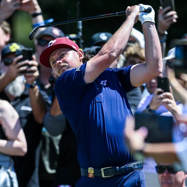 Cameron Smith of Ripper GC hits off a path onto the 18th green during LIV Golf Adelaide. Picture: Mark Brake/Getty Images