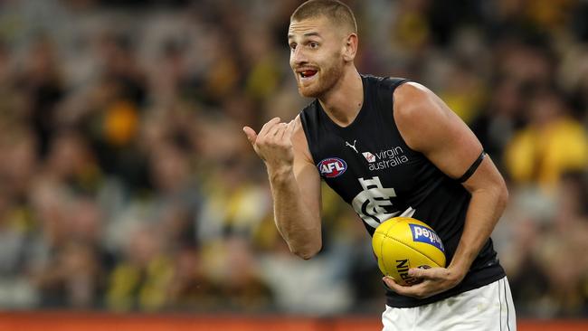 MELBOURNE, AUSTRALIA - MARCH 18: Liam Jones of the Blues looks on during the 2021 AFL Round 01 match between the Richmond Tigers and the Carlton Blues at the Melbourne Cricket Ground on March 18, 2021 in Melbourne, Australia. (Photo by Dylan Burns/AFL Photos via Getty Images)