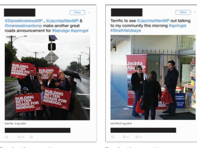 Tweets showing FOs in Labor-branded activities at times when time sheets show they were working as electorate officers.