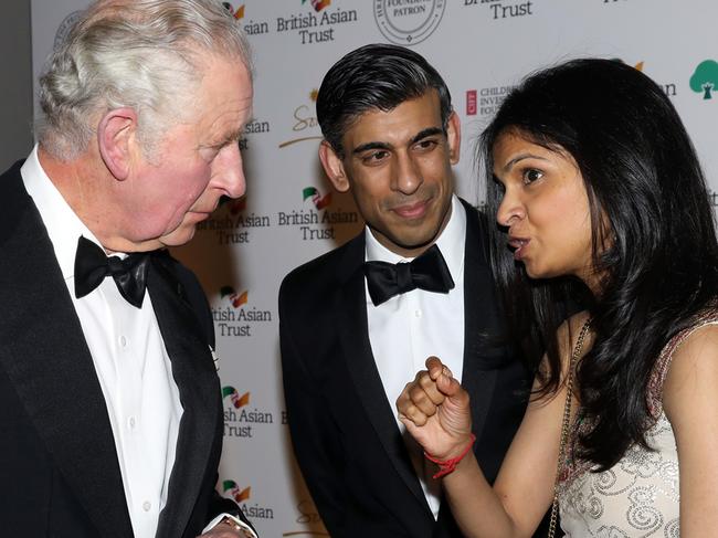 Rishi Sunak and his wife Akshata Murty talk to King Charles. Picture: Getty Images