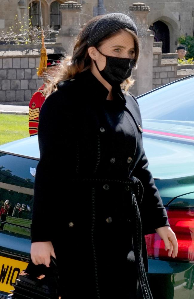 Princess Eugenie arrives for the funeral of grandfather Prince Philip. Picture: Jonathan Brady – WPA Pool/Getty Images