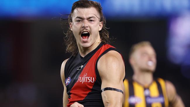 AFL Round 1. 20/03/2021.Essendon v Hawthorn at the Marvel Stadium, Melbourne.  Sam Draper of the Bombers celebrates his goal in the fourth quarter     . Pic: Michael Klein