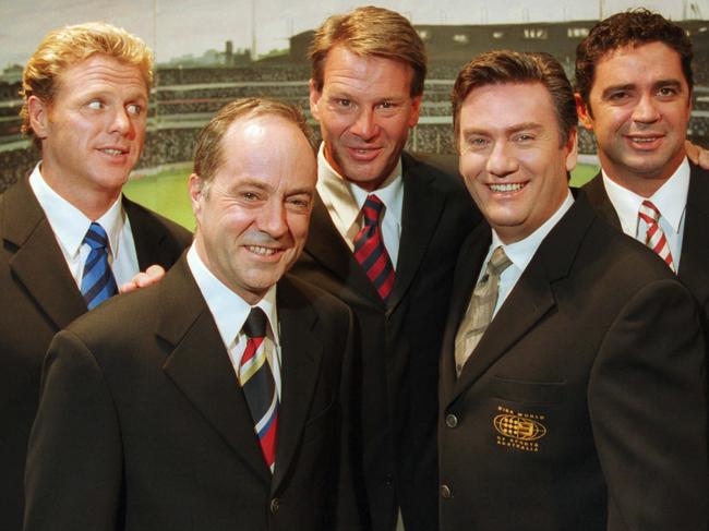 (L-r) TV presenter Dermott Brereton with Tim Lane, Sam Newman, Eddie McGuire and Garry Lyon 12 Feb 2002.