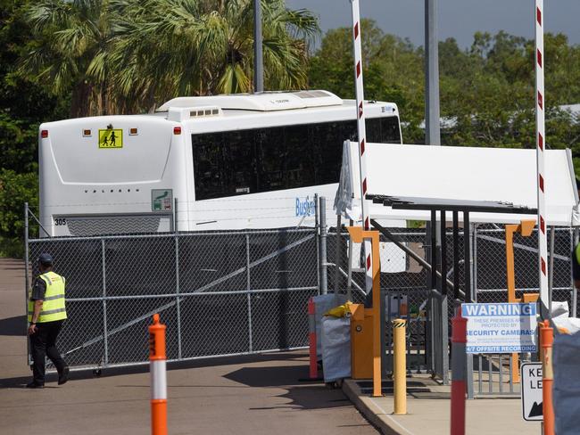 Passengers from Qantas flight QF110 arrive at the Howard Springs Quarantine Facility on October 23, 2020. Picture: Lisa McTiernan/Getty Images