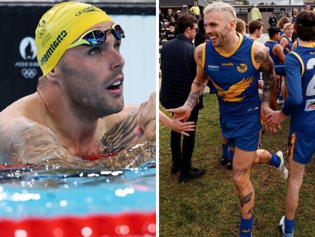 Kyle Chalmers in the pool and on the footy field. Photos: Getty Images/NewsWire