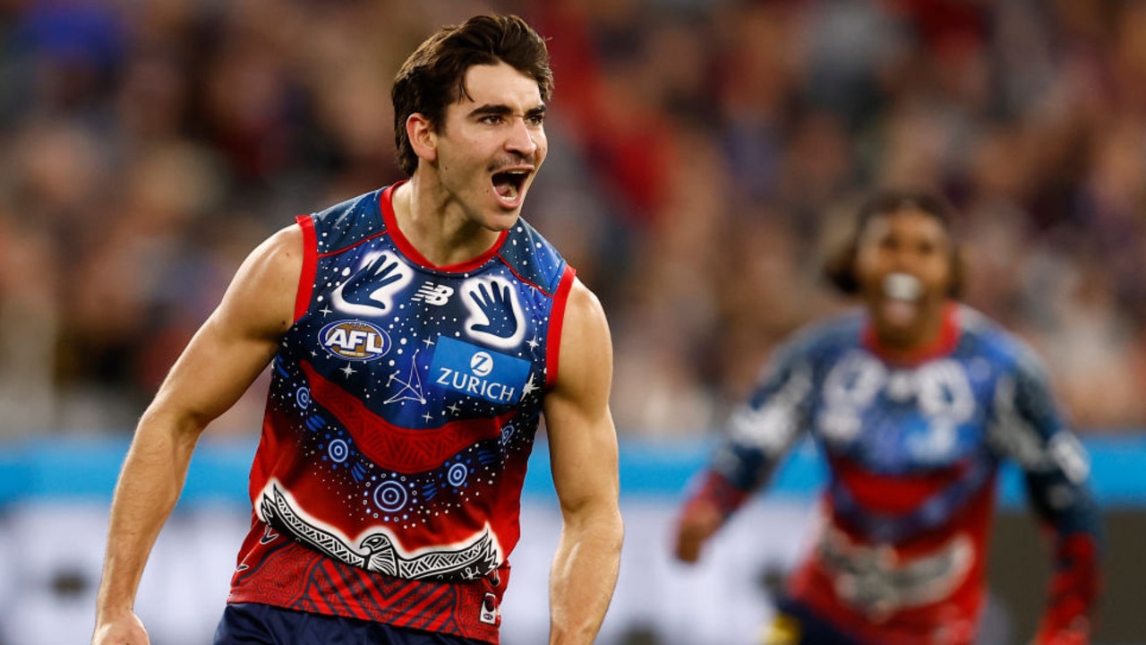 MELBOURNE, AUSTRALIA - MAY 28: Toby Bedford of the Demons celebrates a goal during the round 11 AFL match between the the Melbourne Demons and the Fremantle Dockers at Melbourne Cricket Ground on May 28, 2022 in Melbourne, Australia. (Photo by Darrian Traynor/Getty Images)
