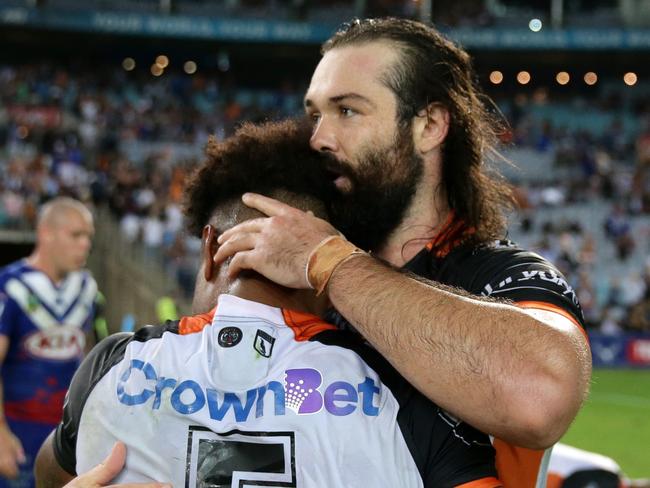 Aaron Woods and Kevin Naiqama after a win over the Bulldogs.