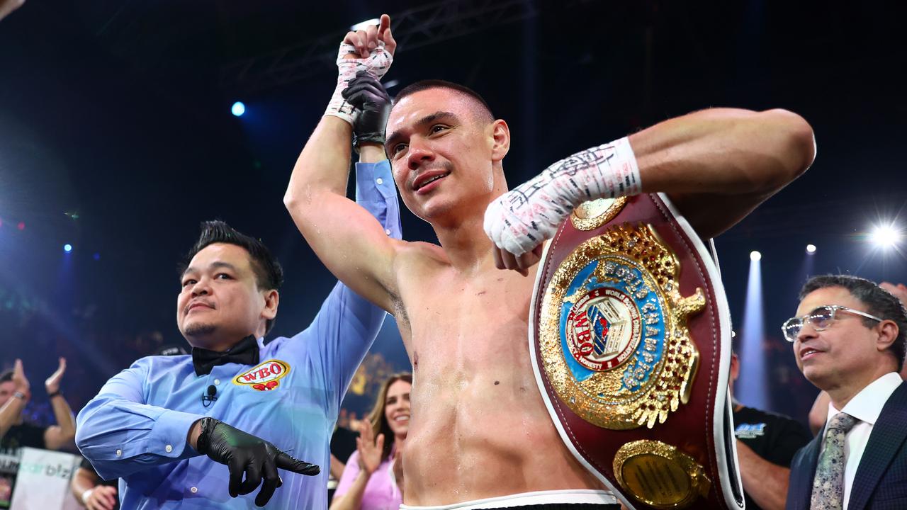 GOLD COAST, AUSTRALIA – JUNE 18: Tim Tszyu celebrates victory over Carlos Ocampo during the WBO Interim Super-Welterwight title bout at Gold Coast Convention and Entertainment Centre on June 18, 2023 in Gold Coast, Australia. (Photo by Chris Hyde/Getty Images)