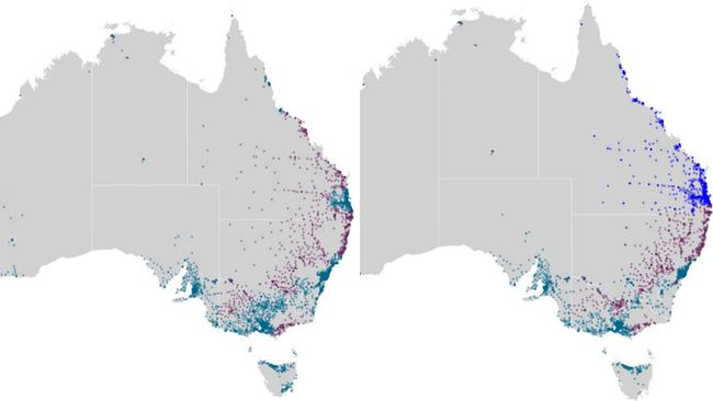 Dots show first preference vote for the Coalition between 2004 (left) and 2019.