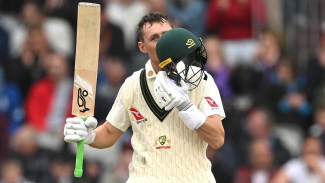 Marnus Labuschagne celebrates after reaching his century. Picture: Getty Images