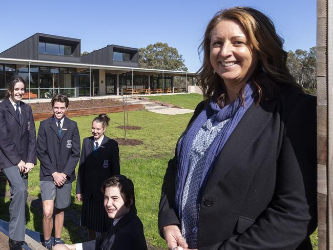 Cornish College in Bangholme senior students enjoying their new centre. Principal Nicola Forrest (right) with grade 11 students Rocco, Danielle, Zoe, Xavier, Piper and Lachlan. Picture: Valeriu  Campan