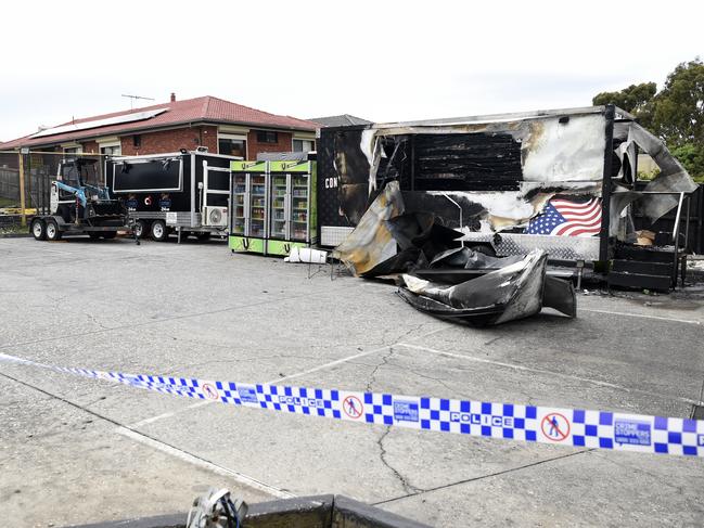 Police believe offenders set a caravan alight to cause the blaze. Picture: Andrew Henshaw