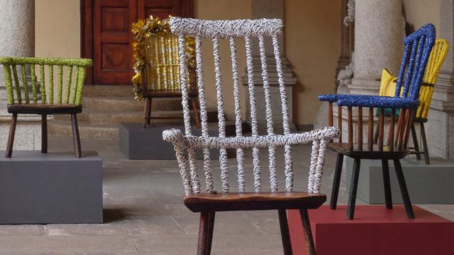 Loewe chairs showcasing decorative techniques in leather, felt, raffia, shearling and foil.