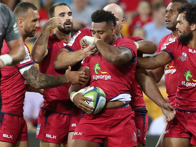 Reds Samu Kerevi goes in for a try. The Queensland Reds vs the Crusaders at Suncorp Stadium in Brisbane.  Pic Peter Wallis