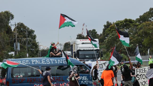 Free Palestine, Anti Israel Protesters block Todd road from both ends. Todd road houses several businesses including Boeing Aerostructures Australia. Picture: Jason Edwards