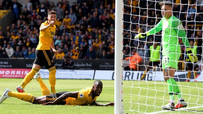 Willy Boly of Wolverhampton Wanderers celebrates after scoring a controversial goal against Manchester City. Photo: Getty Images