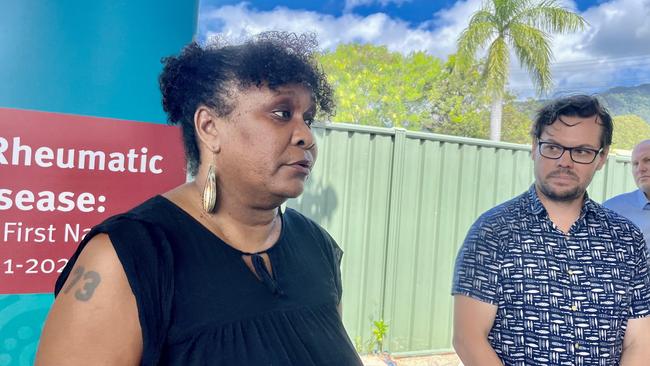 Mother of an 11-year-old rheumatic heart disease suffer Lynette Bullio at the announcement of a strategy to end the preventable disease. Ms Bullio is pictured here with Cairns and Hinterland Health Service cardiologist, Dr Ben Reeves. Picture: Peter Carruthers