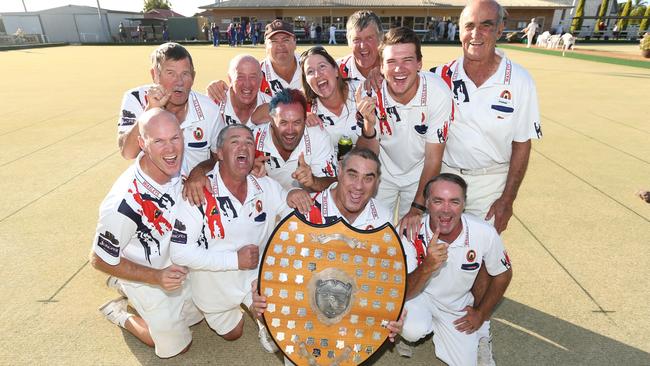 VICTORY IS SWEET: Jubilant Wasleys players after winning yesterday, back from left, Geoff Dawe, Robert Bowman, Greg Rigney, Sherri Olive, Dave Olive, Ben Bowman, John Bubner and, front from left, Wayne Grady, Doug McQuade, Tony Northcott, Brad McDougall and Allan Northcott.   <span id="U61658820827GcE" style="font-family:'Guardian Sans Regular';font-weight:normal;font-style:normal;">                                                  Picture: TAIT SCHMAAL</span>