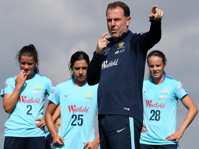 FARO, PORTUGAL - FEBRUARY 24: Matildas coach Alen Stajcic directs players during a Matildas training session on February 24, 2018 in Faro, Portugal. (Photo by Octavio Passos/Getty Images)