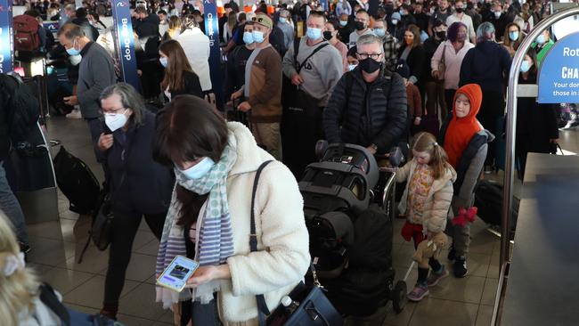 Delays at Sydney T2 domestic airport terminal over the Queens birthday long weekend earlier this month was a sign of things to come as the NSW school holiday period approaches. Picture John Grainger